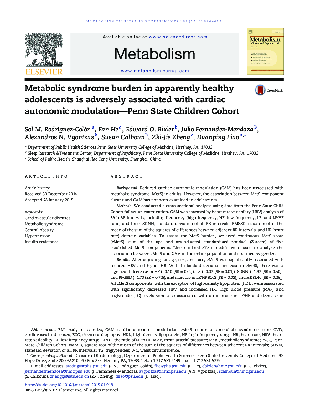 Metabolic syndrome burden in apparently healthy adolescents is adversely associated with cardiac autonomic modulation—Penn State Children Cohort