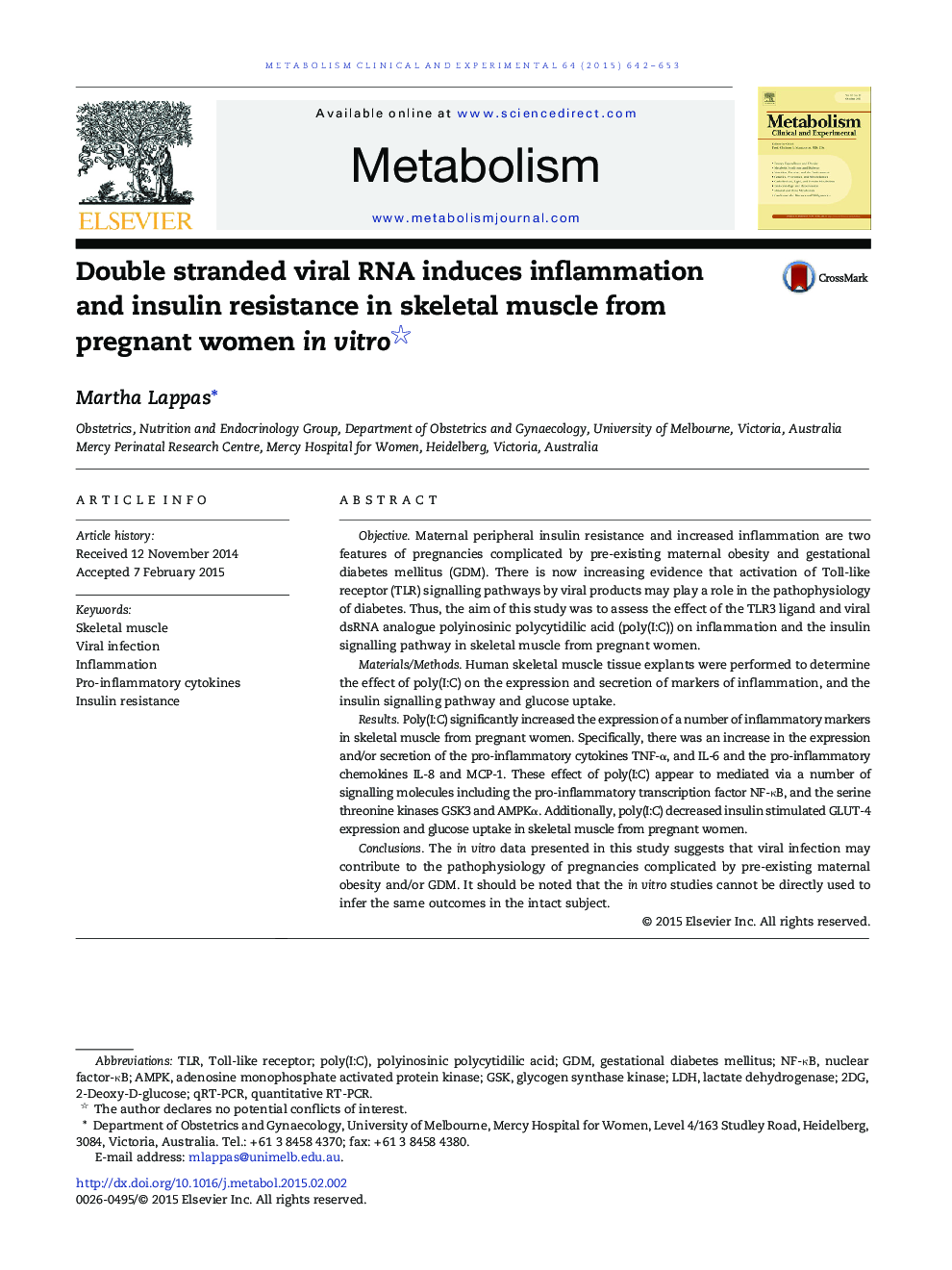 Double stranded viral RNA induces inflammation and insulin resistance in skeletal muscle from pregnant women in vitro 