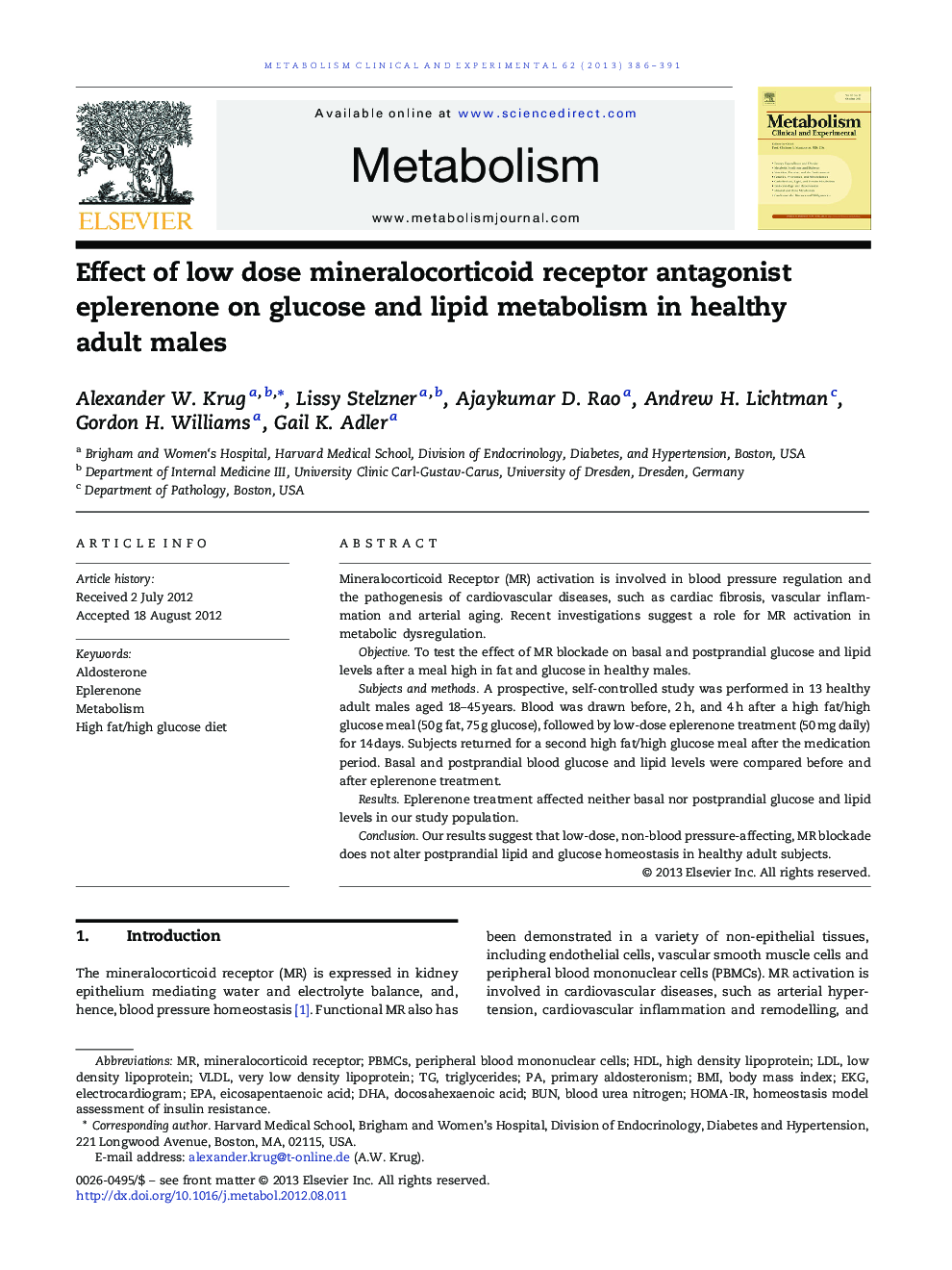 Effect of low dose mineralocorticoid receptor antagonist eplerenone on glucose and lipid metabolism in healthy adult males