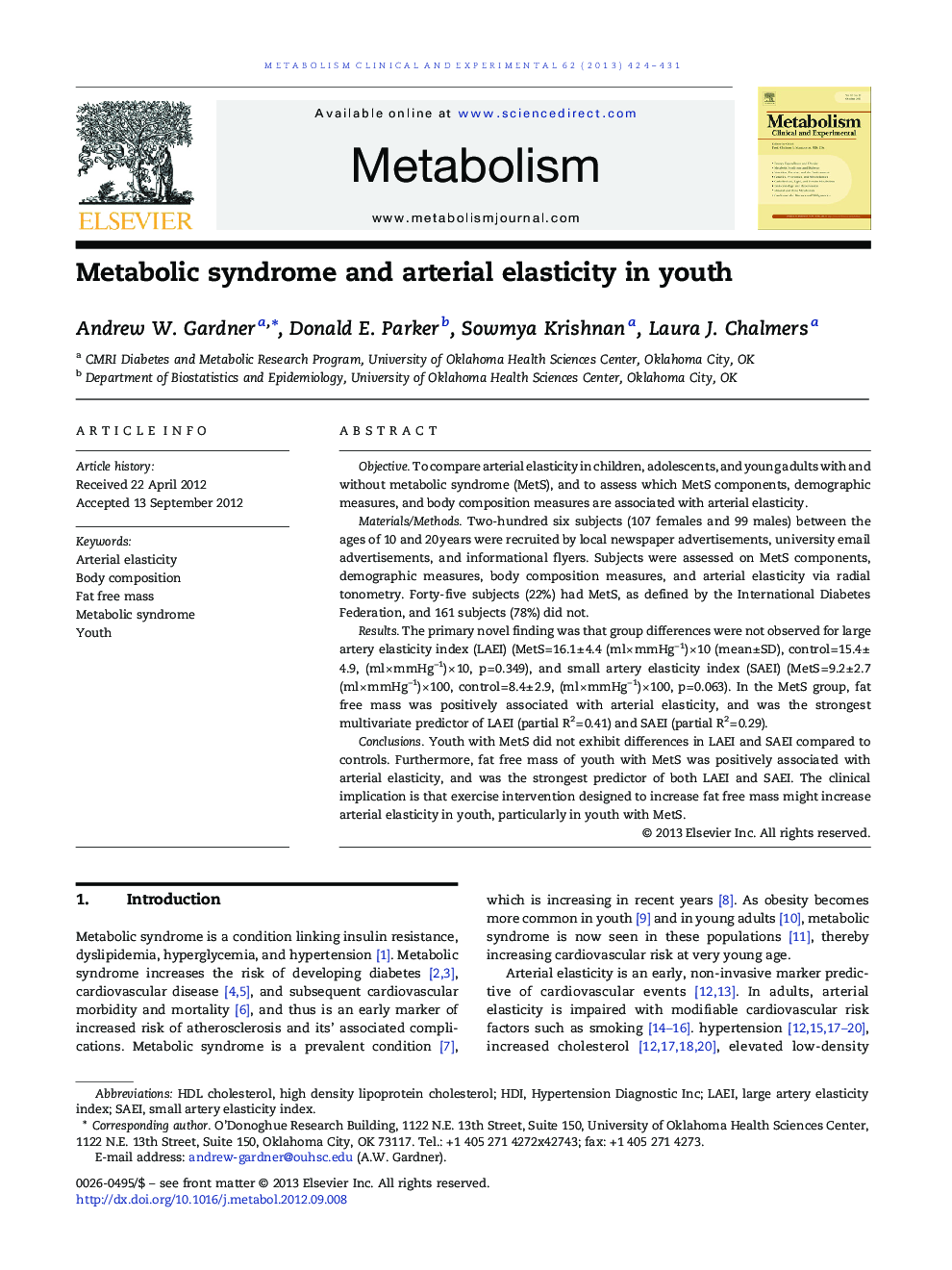 Metabolic syndrome and arterial elasticity in youth