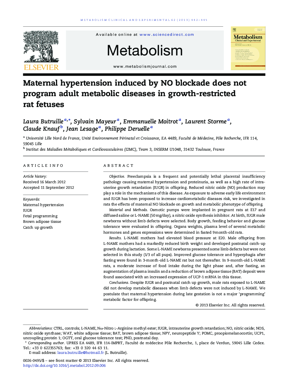Maternal hypertension induced by NO blockade does not program adult metabolic diseases in growth-restricted rat fetuses