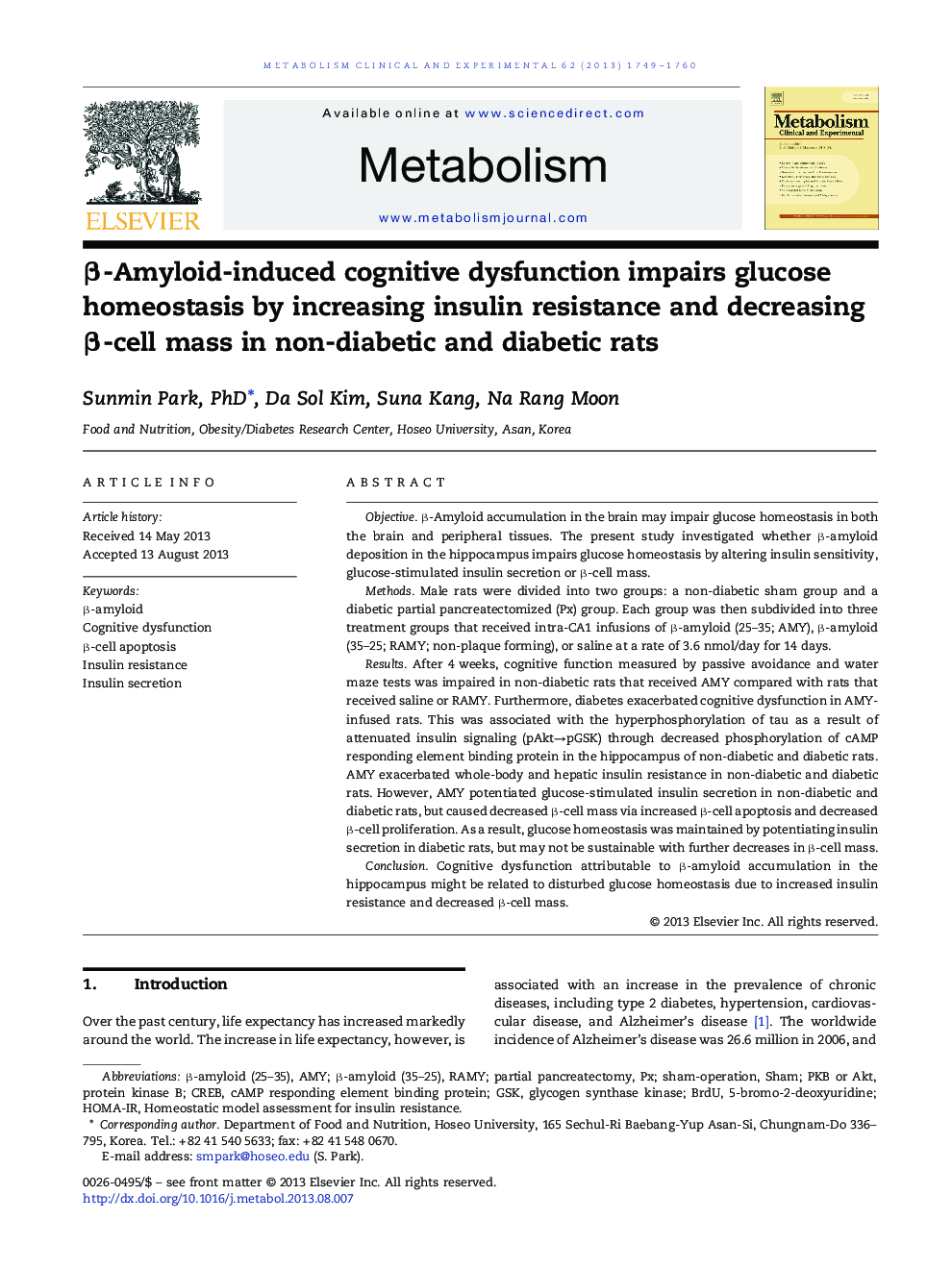 β-Amyloid-induced cognitive dysfunction impairs glucose homeostasis by increasing insulin resistance and decreasing β-cell mass in non-diabetic and diabetic rats