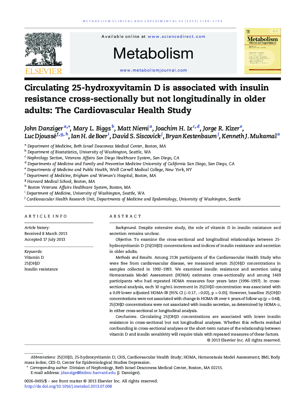 Circulating 25-hydroxyvitamin D is associated with insulin resistance cross-sectionally but not longitudinally in older adults: The Cardiovascular Health Study