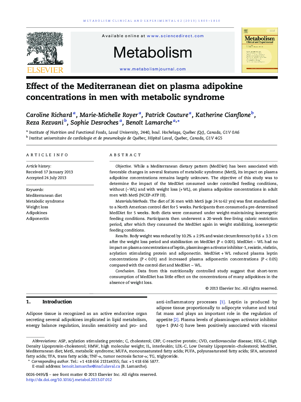Effect of the Mediterranean diet on plasma adipokine concentrations in men with metabolic syndrome