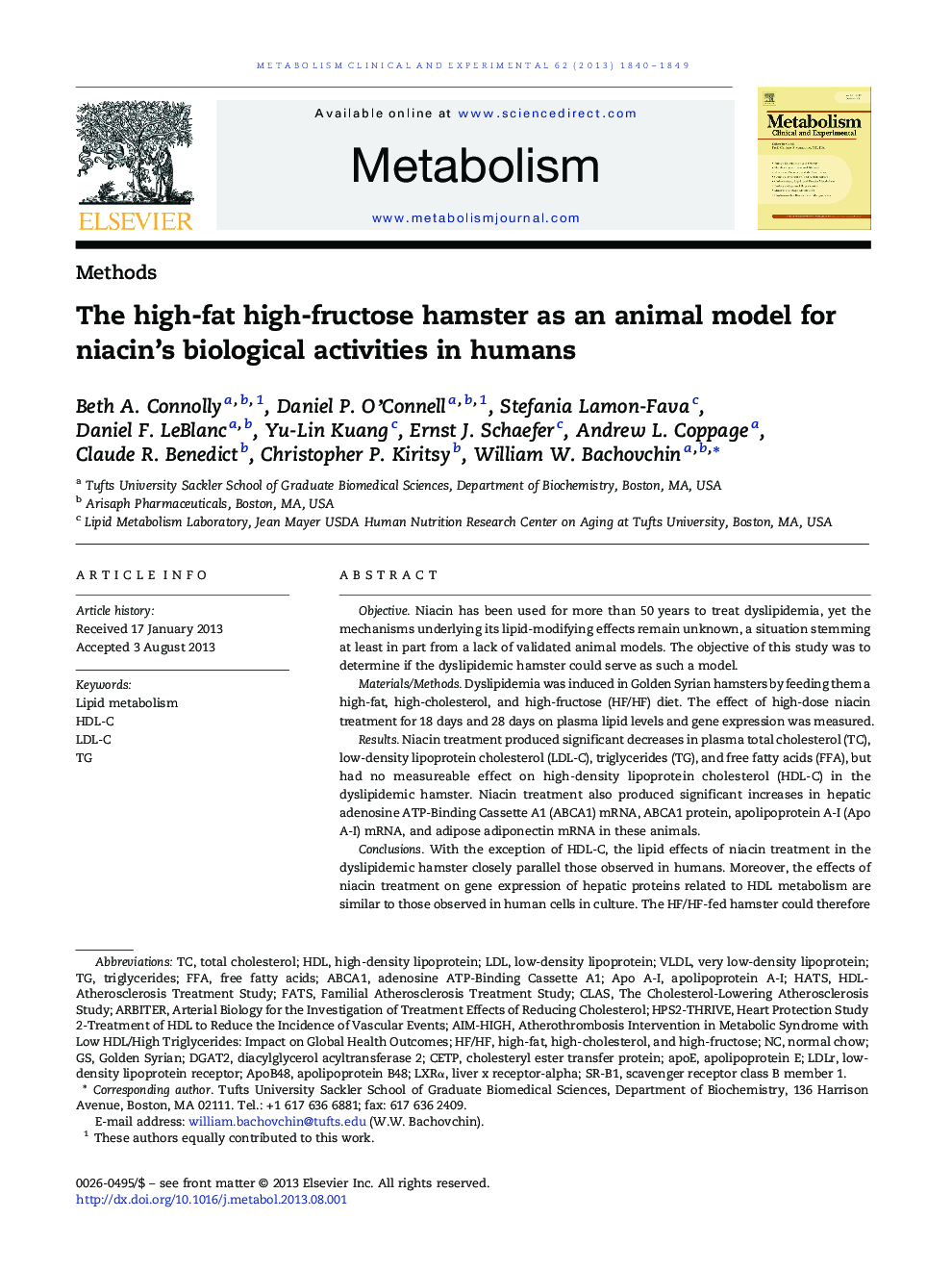 The high-fat high-fructose hamster as an animal model for niacin’s biological activities in humans