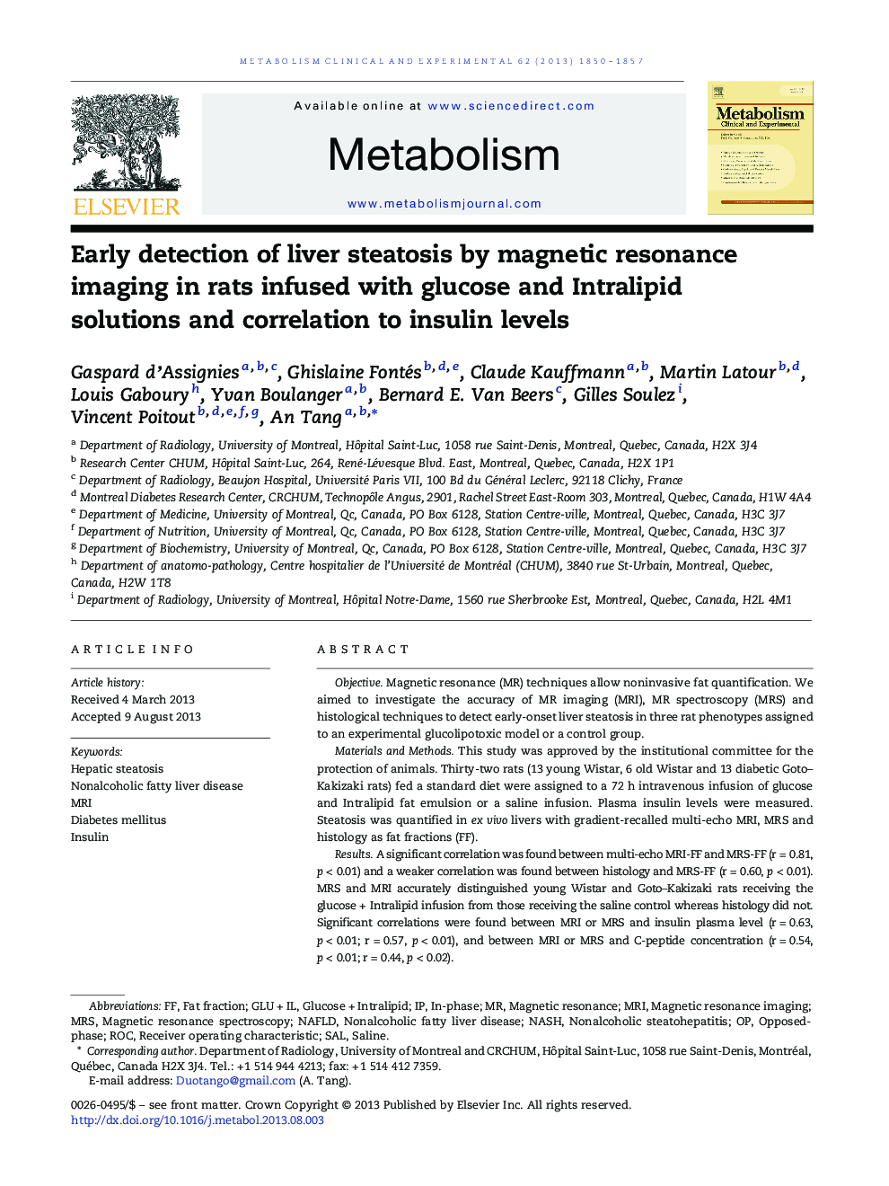 Early detection of liver steatosis by magnetic resonance imaging in rats infused with glucose and Intralipid solutions and correlation to insulin levels