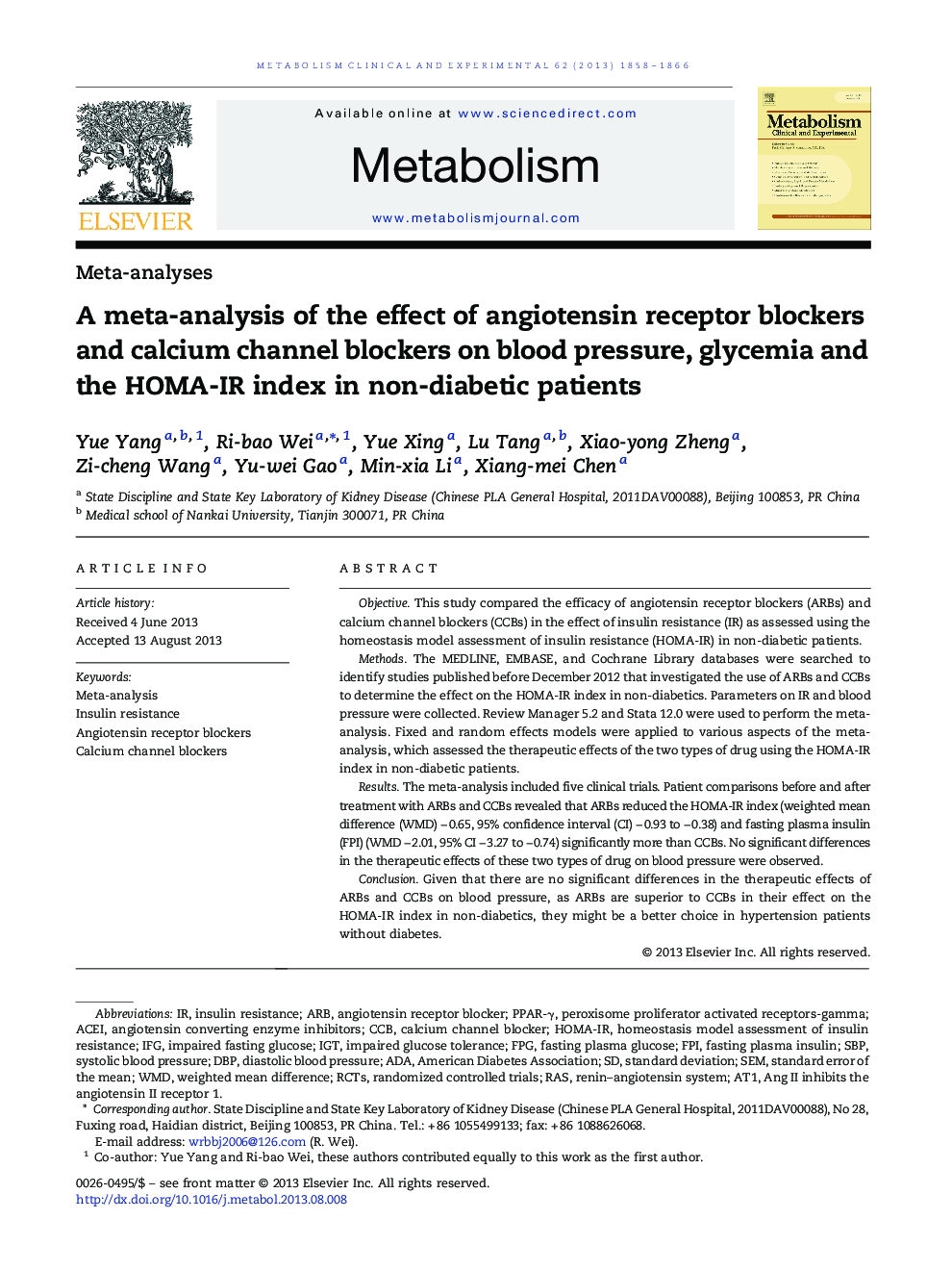 A meta-analysis of the effect of angiotensin receptor blockers and calcium channel blockers on blood pressure, glycemia and the HOMA-IR index in non-diabetic patients