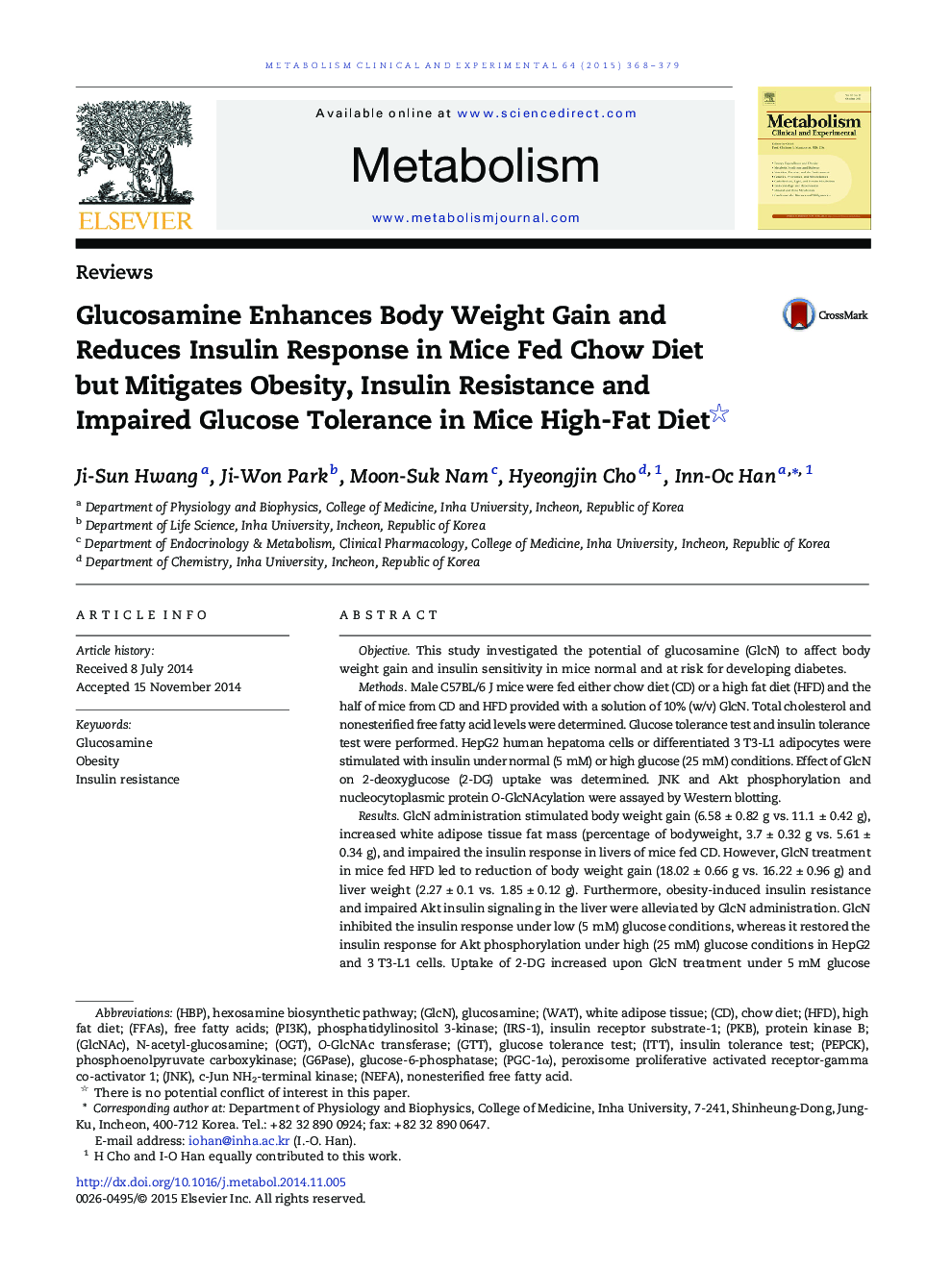 Glucosamine Enhances Body Weight Gain and Reduces Insulin Response in Mice Fed Chow Diet but Mitigates Obesity, Insulin Resistance and Impaired Glucose Tolerance in Mice High-Fat Diet 