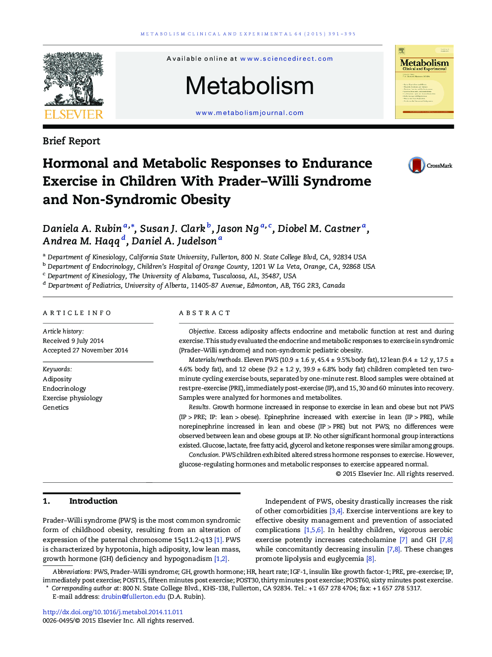 Hormonal and Metabolic Responses to Endurance Exercise in Children With Prader–Willi Syndrome and Non-Syndromic Obesity