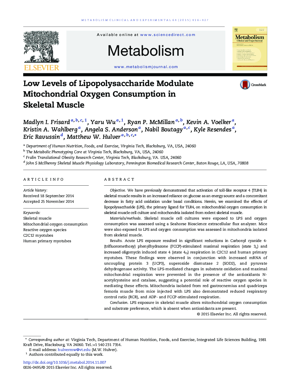 Low Levels of Lipopolysaccharide Modulate Mitochondrial Oxygen Consumption in Skeletal Muscle