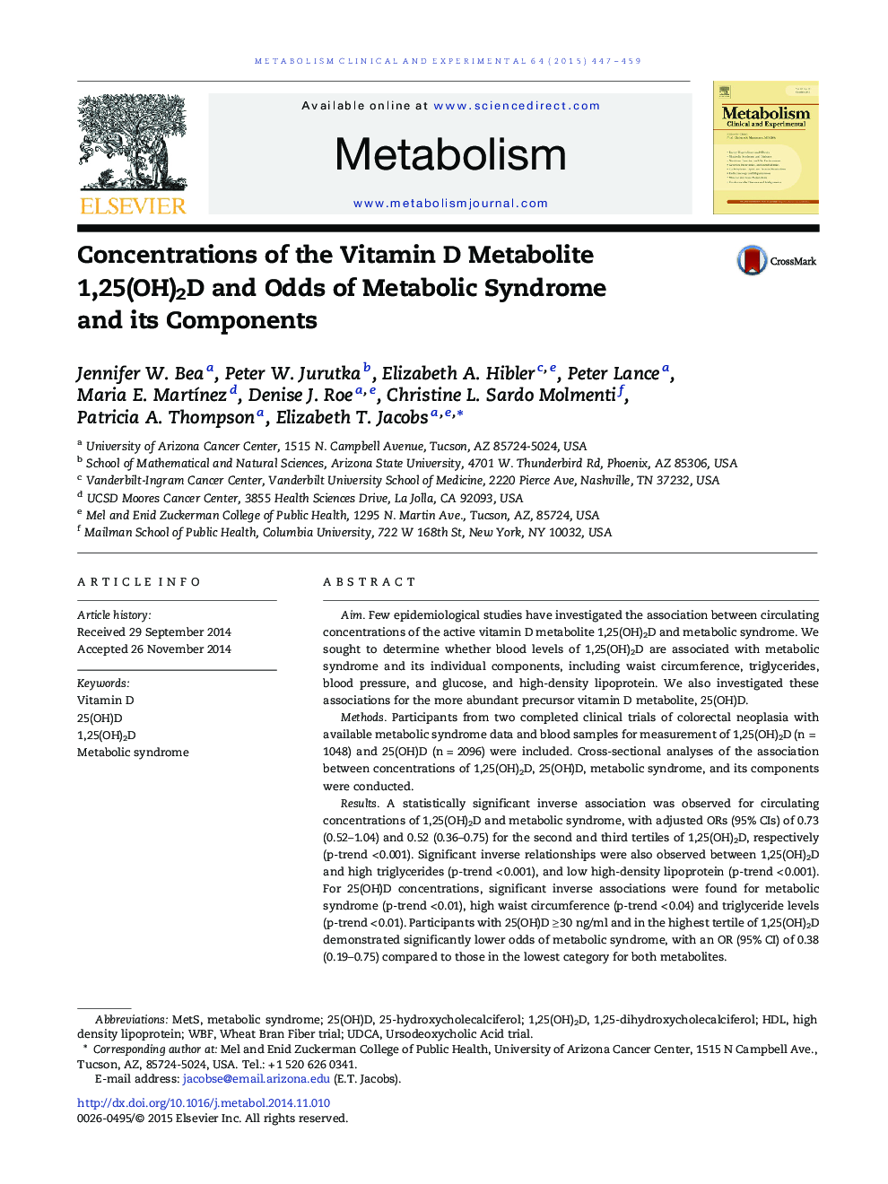 Concentrations of the Vitamin D Metabolite 1,25(OH)2D and Odds of Metabolic Syndrome and its Components