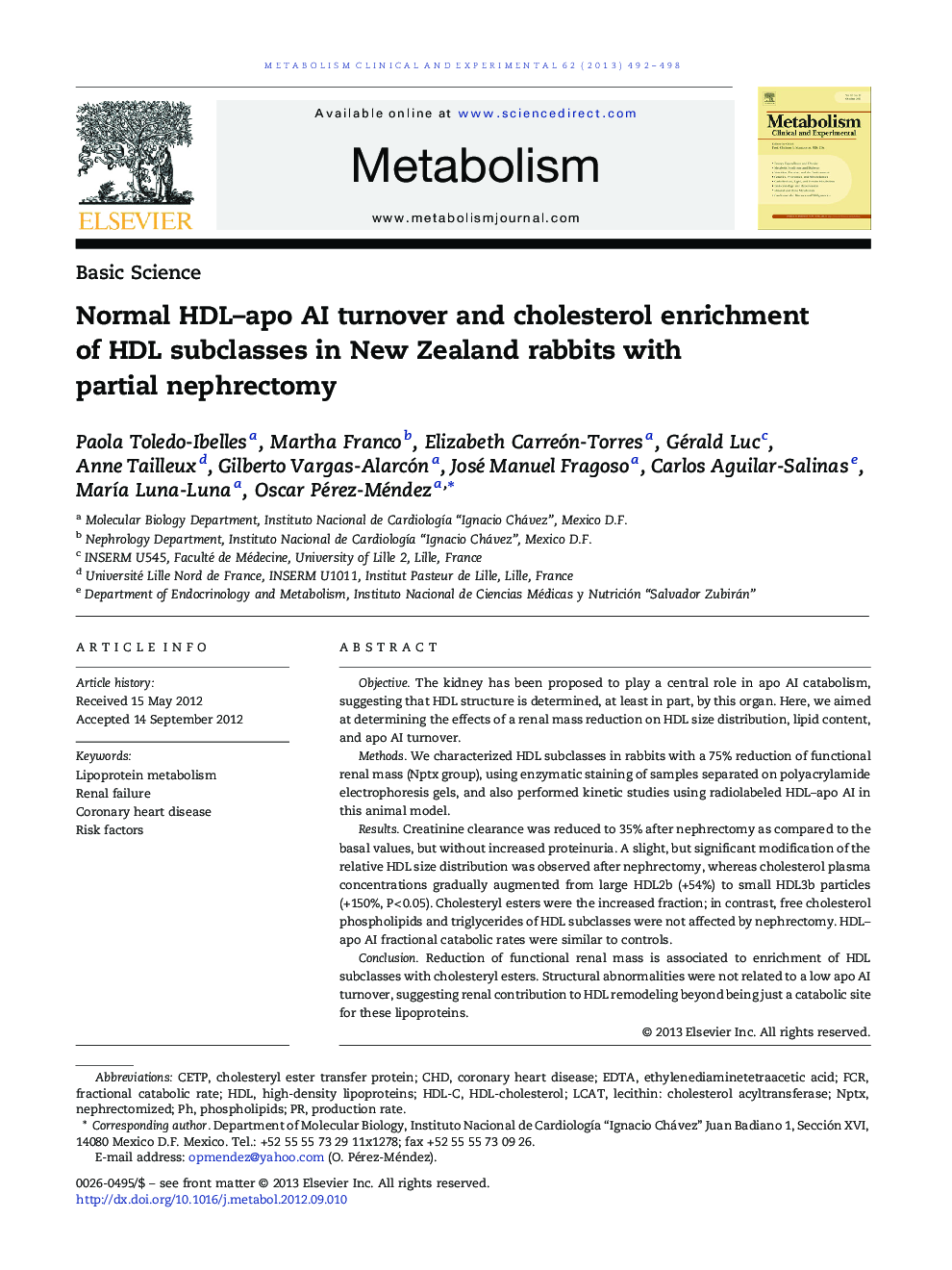 Normal HDL–apo AI turnover and cholesterol enrichment of HDL subclasses in New Zealand rabbits with partial nephrectomy