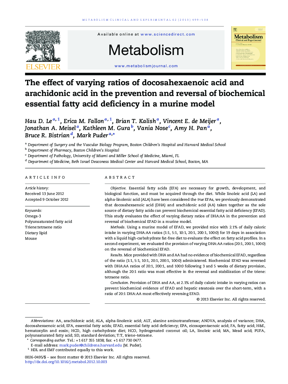 The effect of varying ratios of docosahexaenoic acid and arachidonic acid in the prevention and reversal of biochemical essential fatty acid deficiency in a murine model