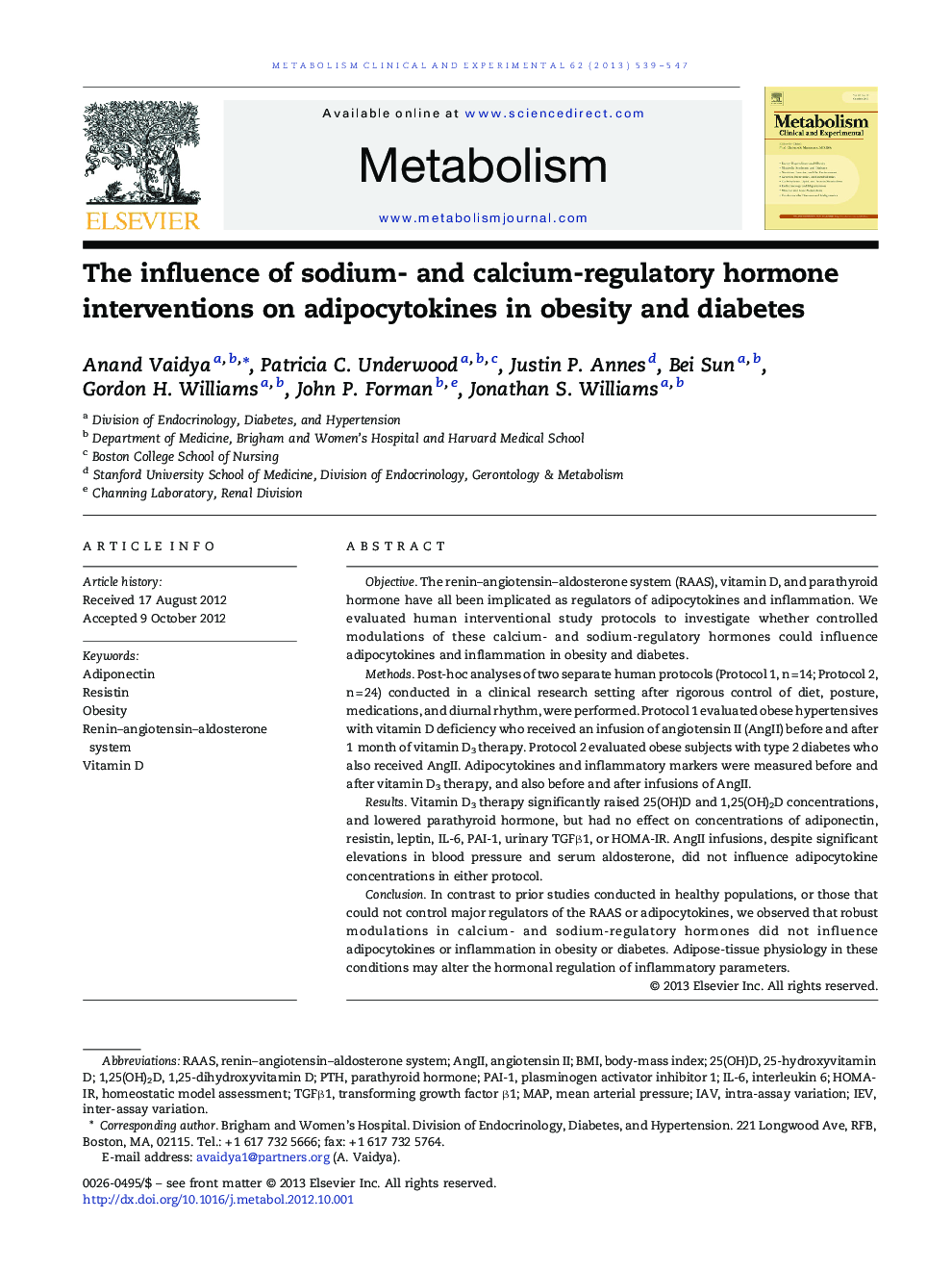 The influence of sodium- and calcium-regulatory hormone interventions on adipocytokines in obesity and diabetes