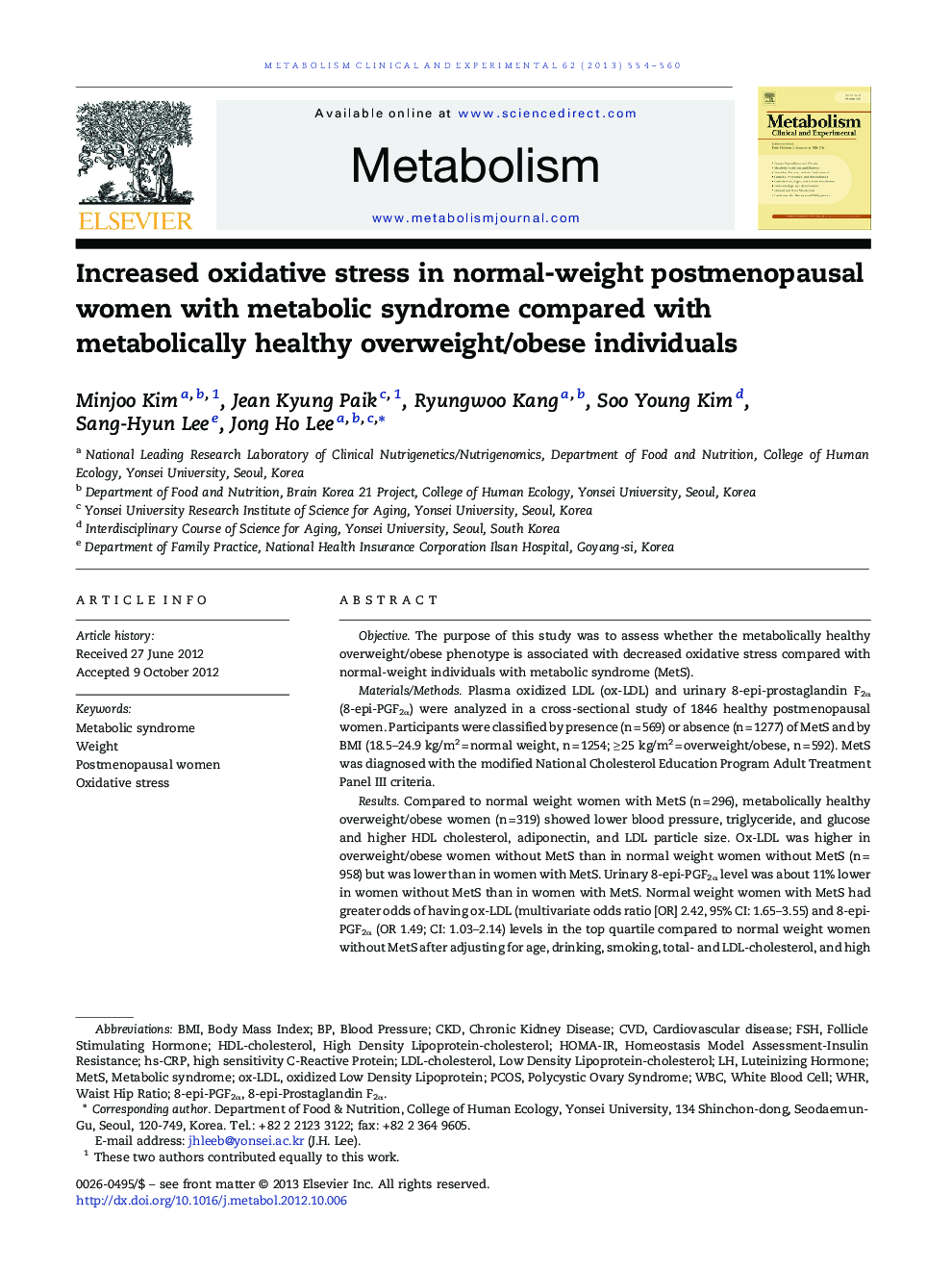 Increased oxidative stress in normal-weight postmenopausal women with metabolic syndrome compared with metabolically healthy overweight/obese individuals