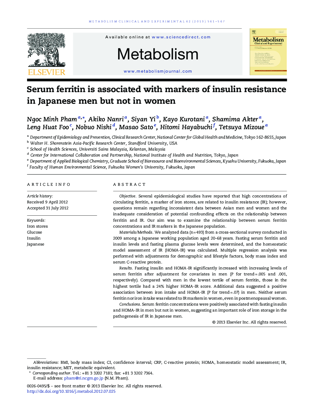 Serum ferritin is associated with markers of insulin resistance in Japanese men but not in women