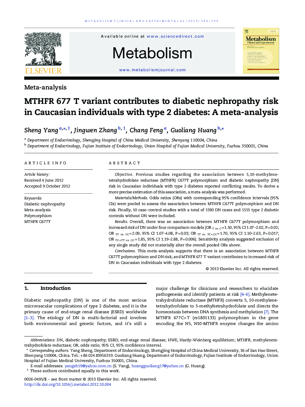 MTHFR 677 T variant contributes to diabetic nephropathy risk in Caucasian individuals with type 2 diabetes: A meta-analysis