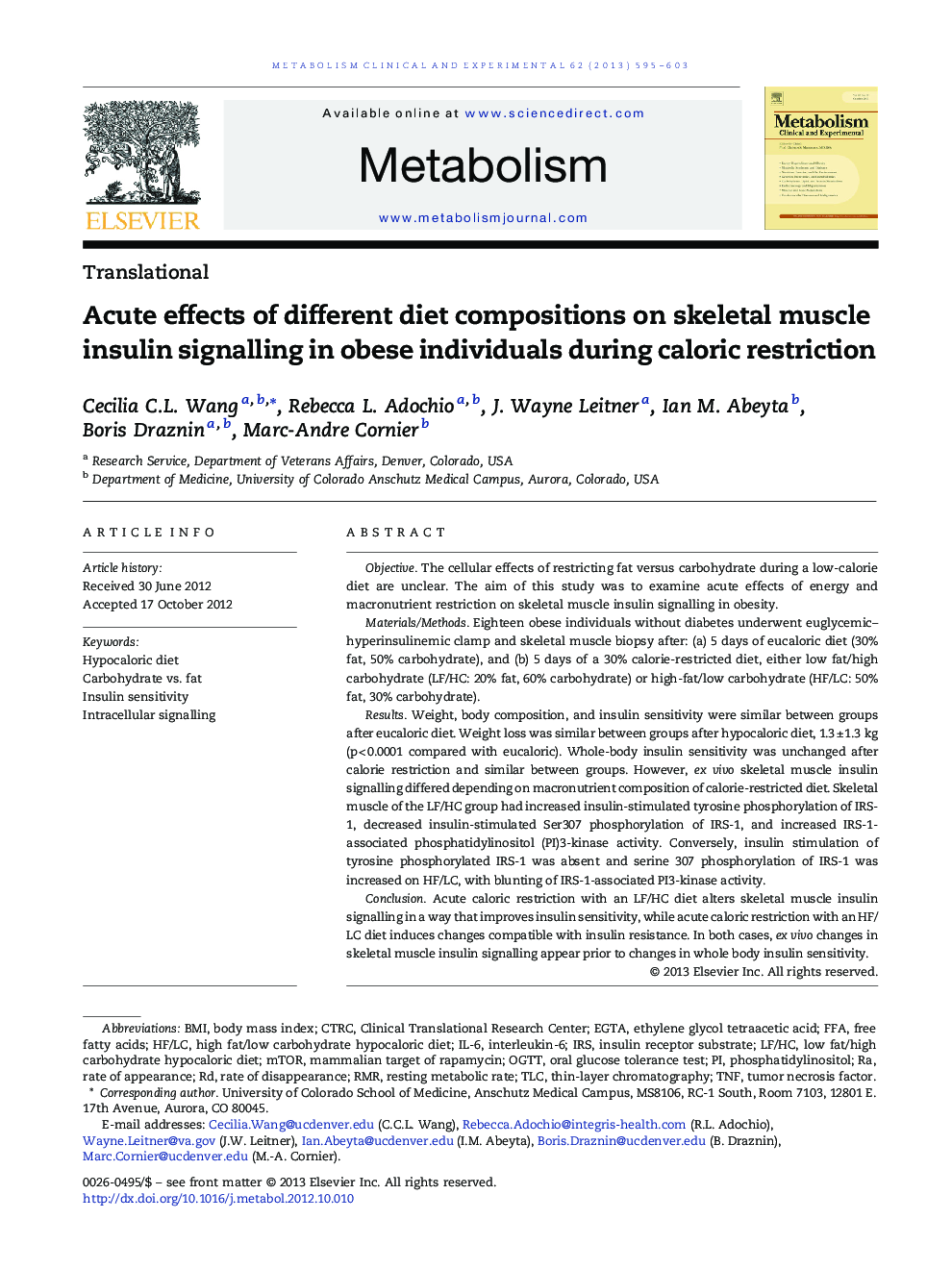 Acute effects of different diet compositions on skeletal muscle insulin signalling in obese individuals during caloric restriction