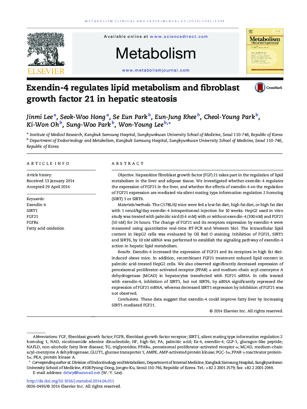 Exendin-4 regulates lipid metabolism and fibroblast growth factor 21 in hepatic steatosis