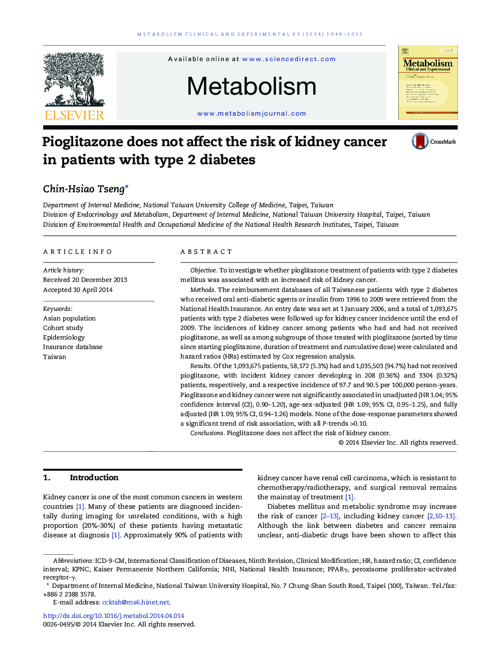 Pioglitazone does not affect the risk of kidney cancer in patients with type 2 diabetes