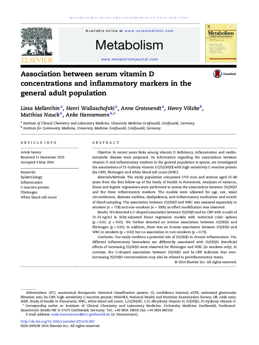 Association between serum vitamin D concentrations and inflammatory markers in the general adult population