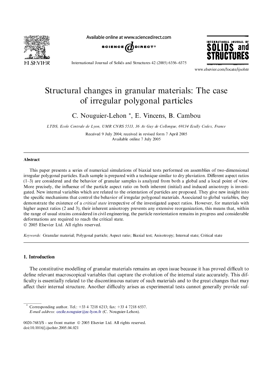 Structural changes in granular materials: The case of irregular polygonal particles