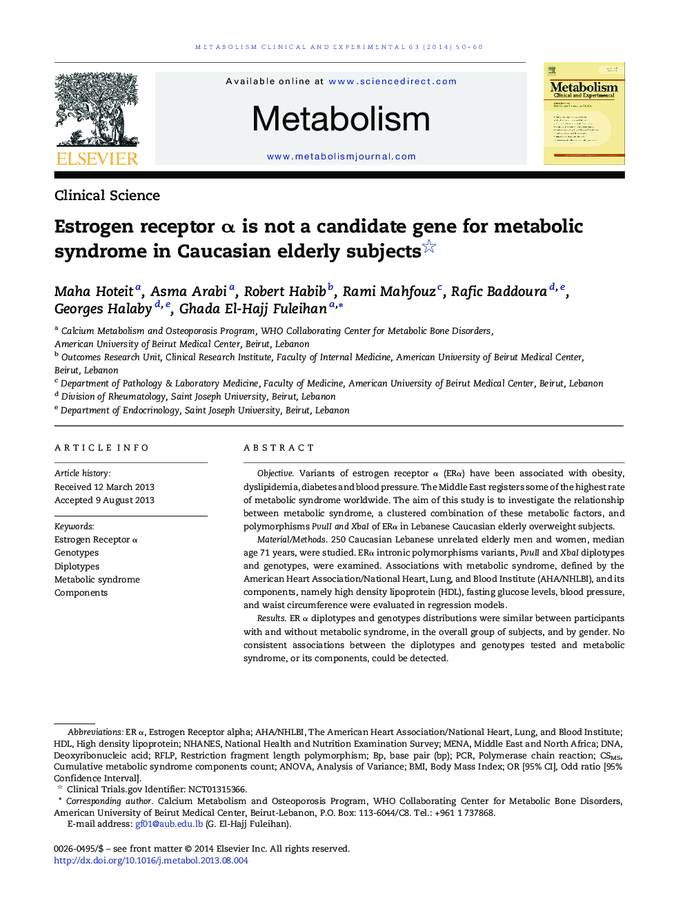 Estrogen receptor α is not a candidate gene for metabolic syndrome in Caucasian elderly subjects 