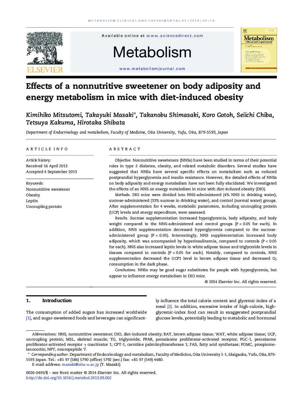 Effects of a nonnutritive sweetener on body adiposity and energy metabolism in mice with diet-induced obesity