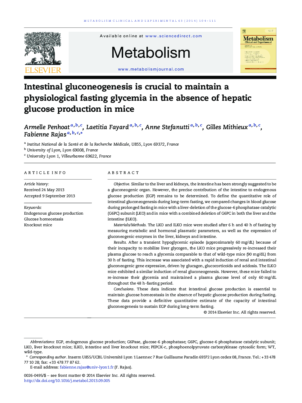 Intestinal gluconeogenesis is crucial to maintain a physiological fasting glycemia in the absence of hepatic glucose production in mice