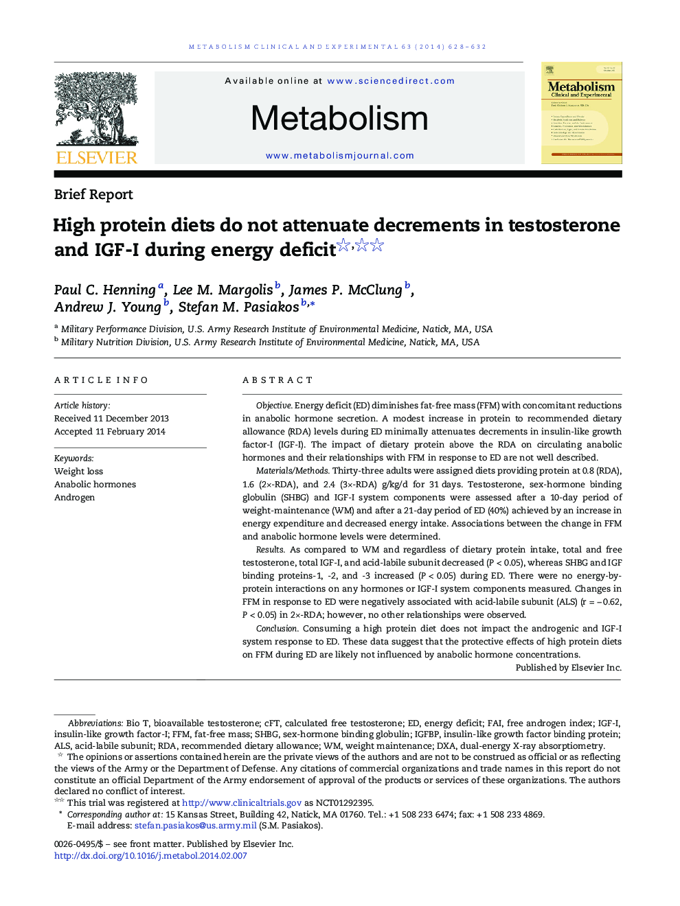 High protein diets do not attenuate decrements in testosterone and IGF-I during energy deficit 