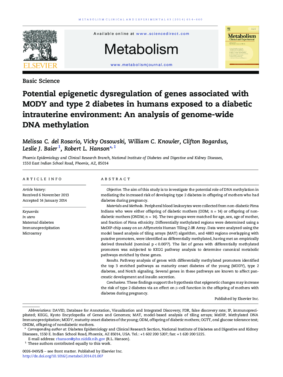 Potential epigenetic dysregulation of genes associated with MODY and type 2 diabetes in humans exposed to a diabetic intrauterine environment: An analysis of genome-wide DNA methylation