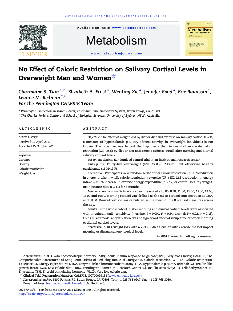 No Effect of Caloric Restriction on Salivary Cortisol Levels in Overweight Men and Women 