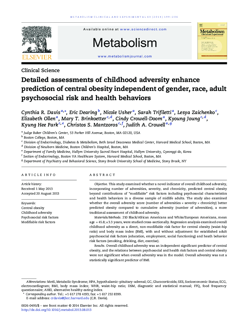 Detailed assessments of childhood adversity enhance prediction of central obesity independent of gender, race, adult psychosocial risk and health behaviors