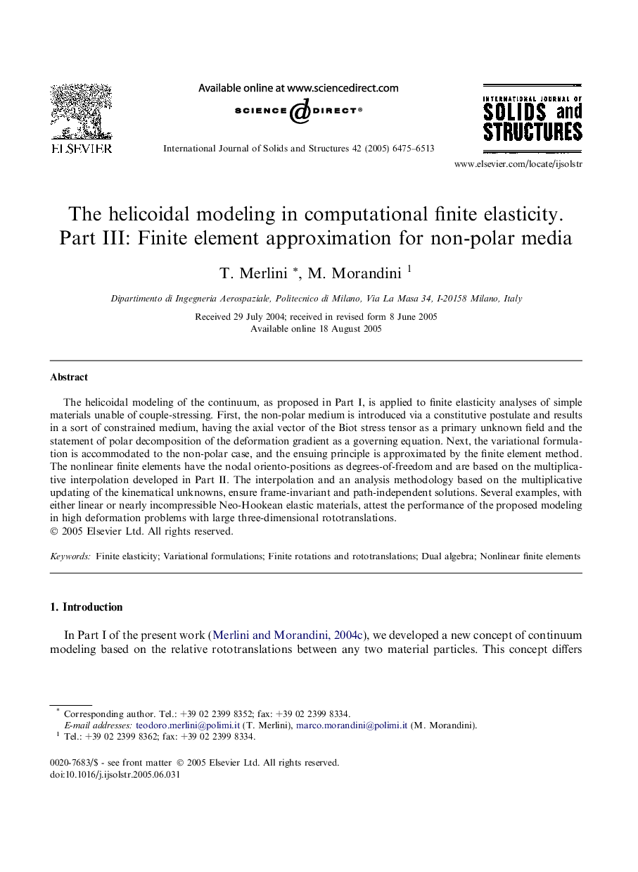 The helicoidal modeling in computational finite elasticity. Part III: Finite element approximation for non-polar media