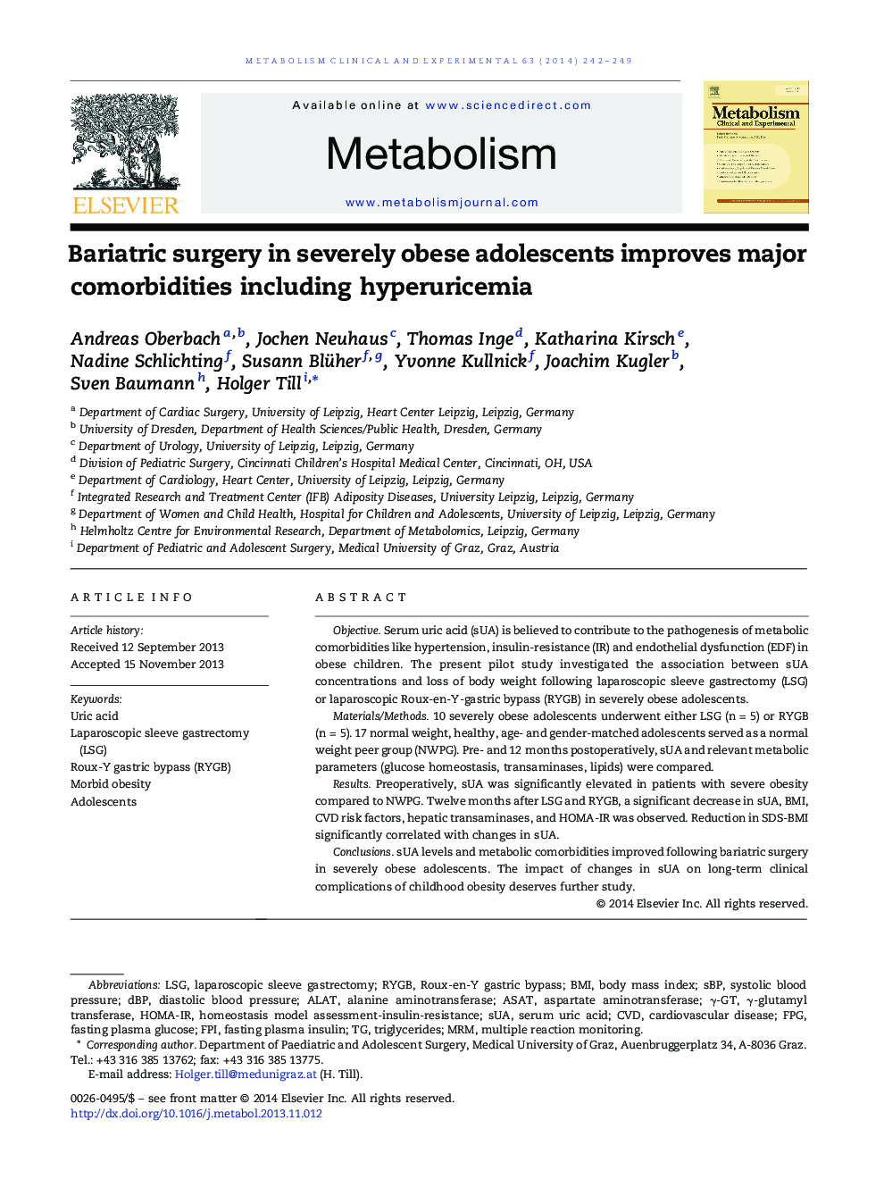 Bariatric surgery in severely obese adolescents improves major comorbidities including hyperuricemia