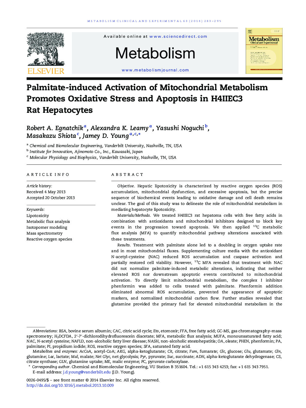 Palmitate-induced Activation of Mitochondrial Metabolism Promotes Oxidative Stress and Apoptosis in H4IIEC3 Rat Hepatocytes