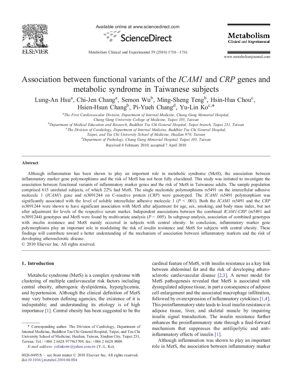 Association between functional variants of the ICAM1 and CRP genes and metabolic syndrome in Taiwanese subjects