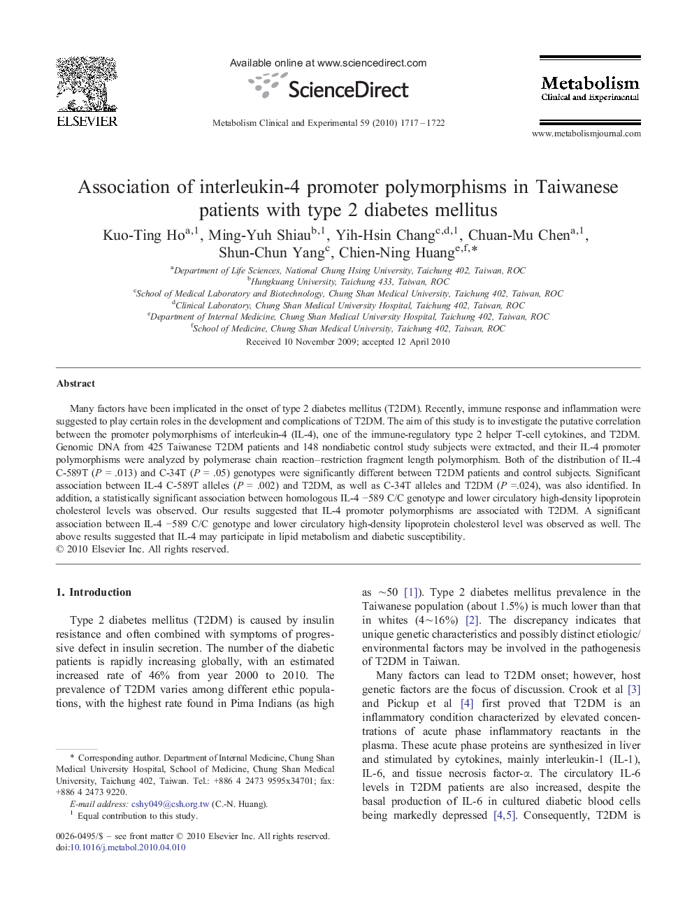 Association of interleukin-4 promoter polymorphisms in Taiwanese patients with type 2 diabetes mellitus