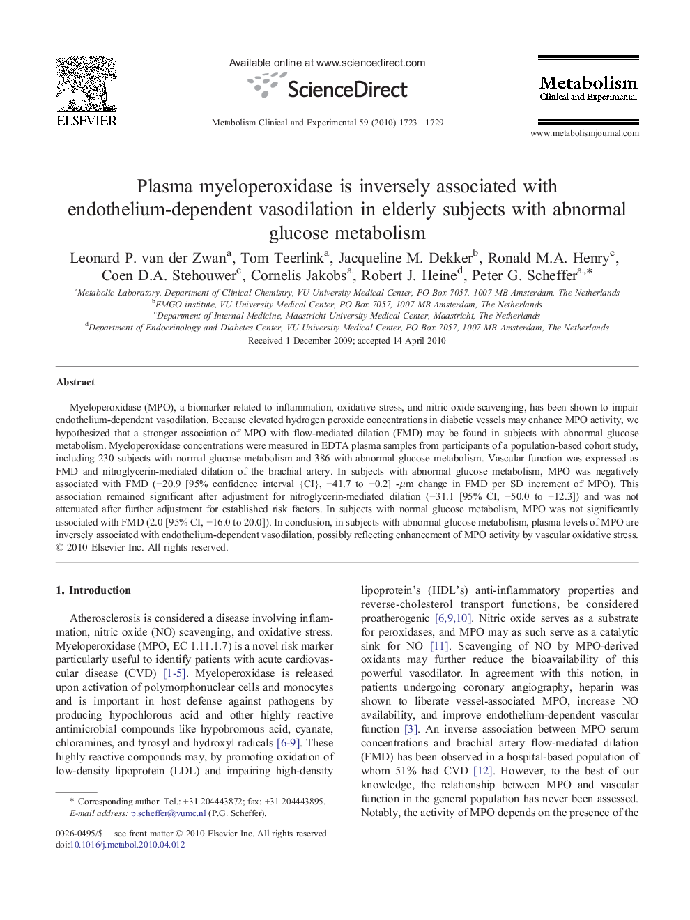 Plasma myeloperoxidase is inversely associated with endothelium-dependent vasodilation in elderly subjects with abnormal glucose metabolism