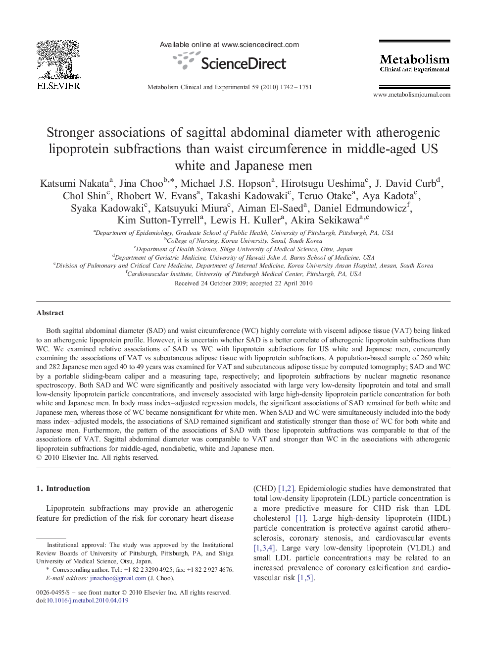 عکس صفحه اول مقاله: Stronger associations of sagittal abdominal diameter with atherogenic lipoprotein subfractions than waist circumference in middle-aged US white and Japanese men Stronger associations of sagittal abdominal diameter with atherogenic lipoprotein subfractions than waist circumference in middle-aged US white and Japanese men