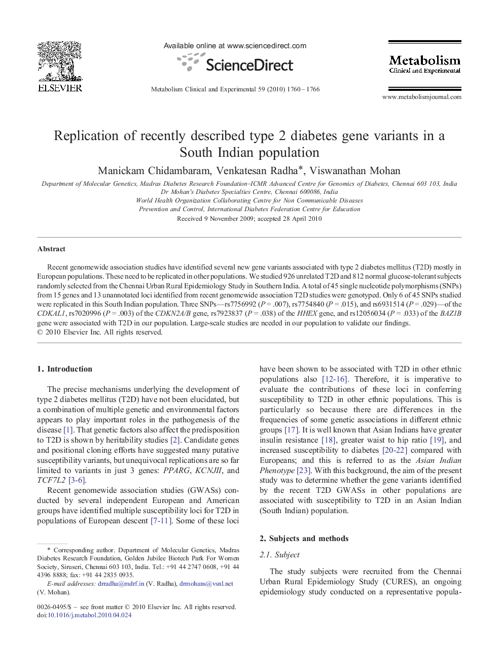 Replication of recently described type 2 diabetes gene variants in a South Indian population