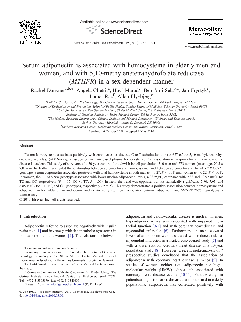 عکس صفحه اول مقاله: Serum adiponectin is associated with homocysteine in elderly men and women, and with 5,10-methylenetetrahydrofolate reductase (MTHFR) in a sex-dependent manner Serum adiponectin is associated with homocysteine in elderly men and women, and with 5,10-methylenetetrahydrofolate reductase (MTHFR) in a sex-dependent manner