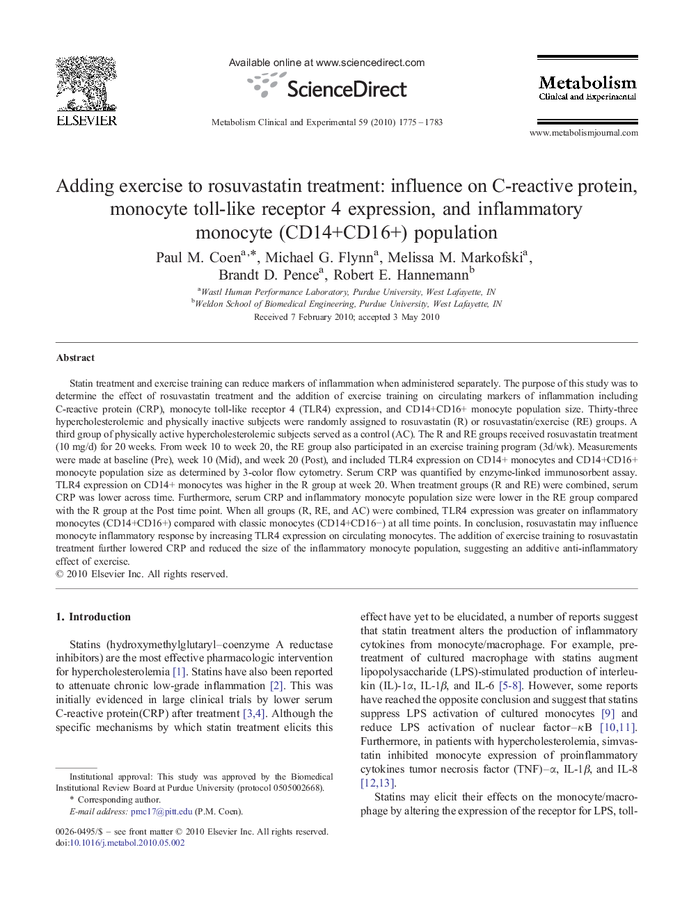Adding exercise to rosuvastatin treatment: influence on C-reactive protein, monocyte toll-like receptor 4 expression, and inflammatory monocyte (CD14+CD16+) population 