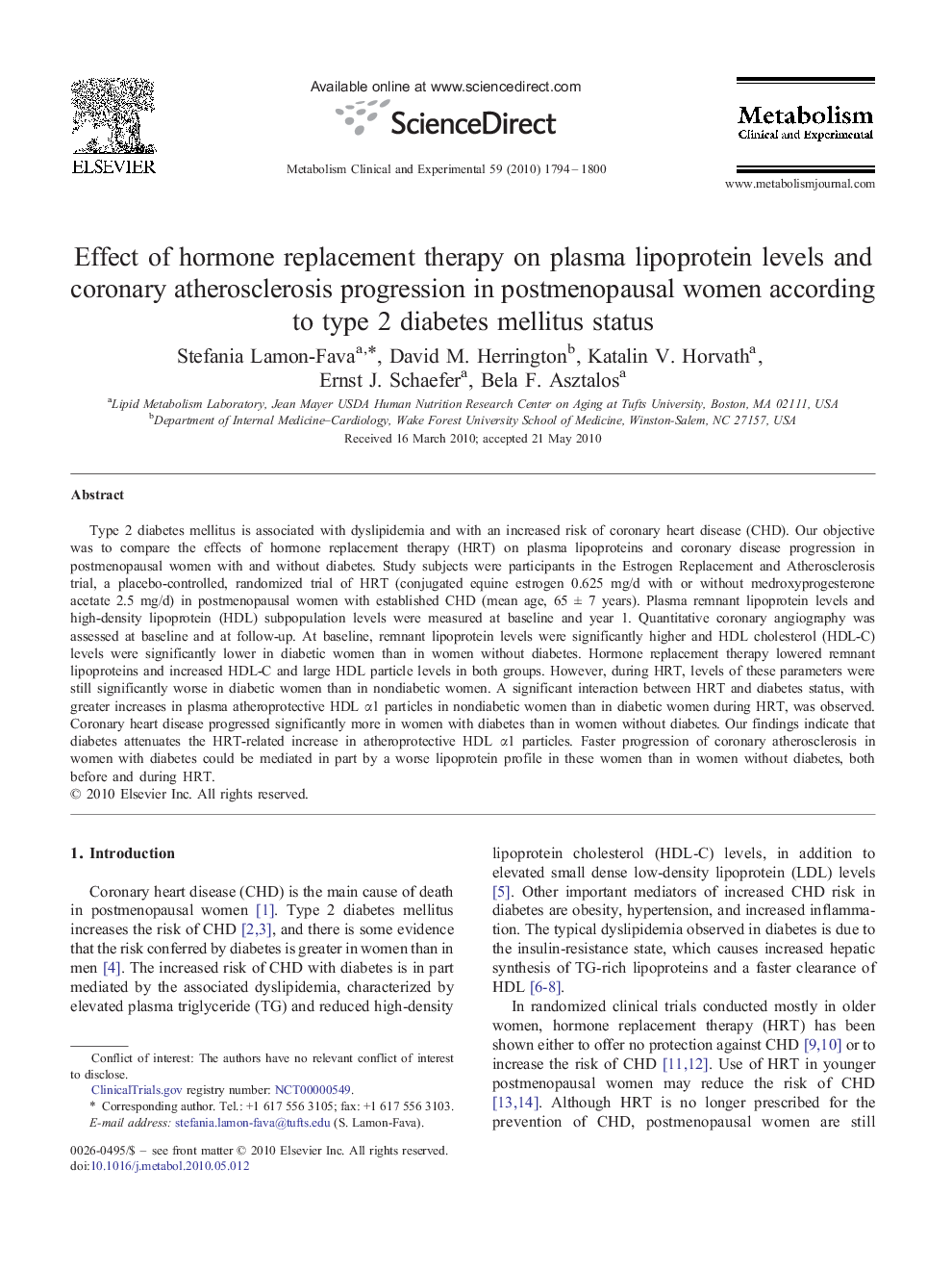 Effect of hormone replacement therapy on plasma lipoprotein levels and coronary atherosclerosis progression in postmenopausal women according to type 2 diabetes mellitus status 