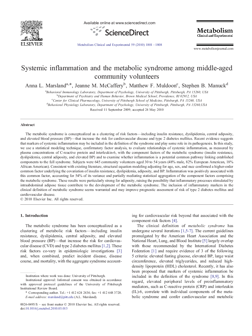 Systemic inflammation and the metabolic syndrome among middle-aged community volunteers 