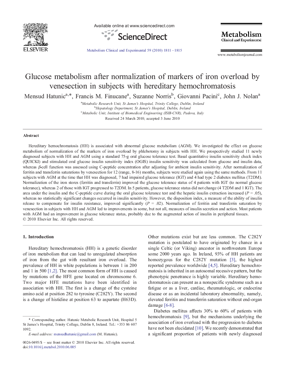 Glucose metabolism after normalization of markers of iron overload by venesection in subjects with hereditary hemochromatosis