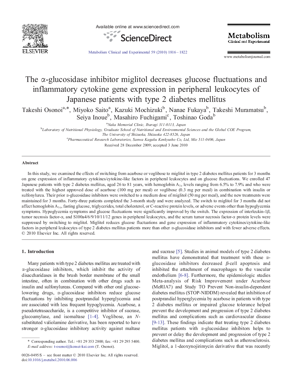 The α-glucosidase inhibitor miglitol decreases glucose fluctuations and inflammatory cytokine gene expression in peripheral leukocytes of Japanese patients with type 2 diabetes mellitus