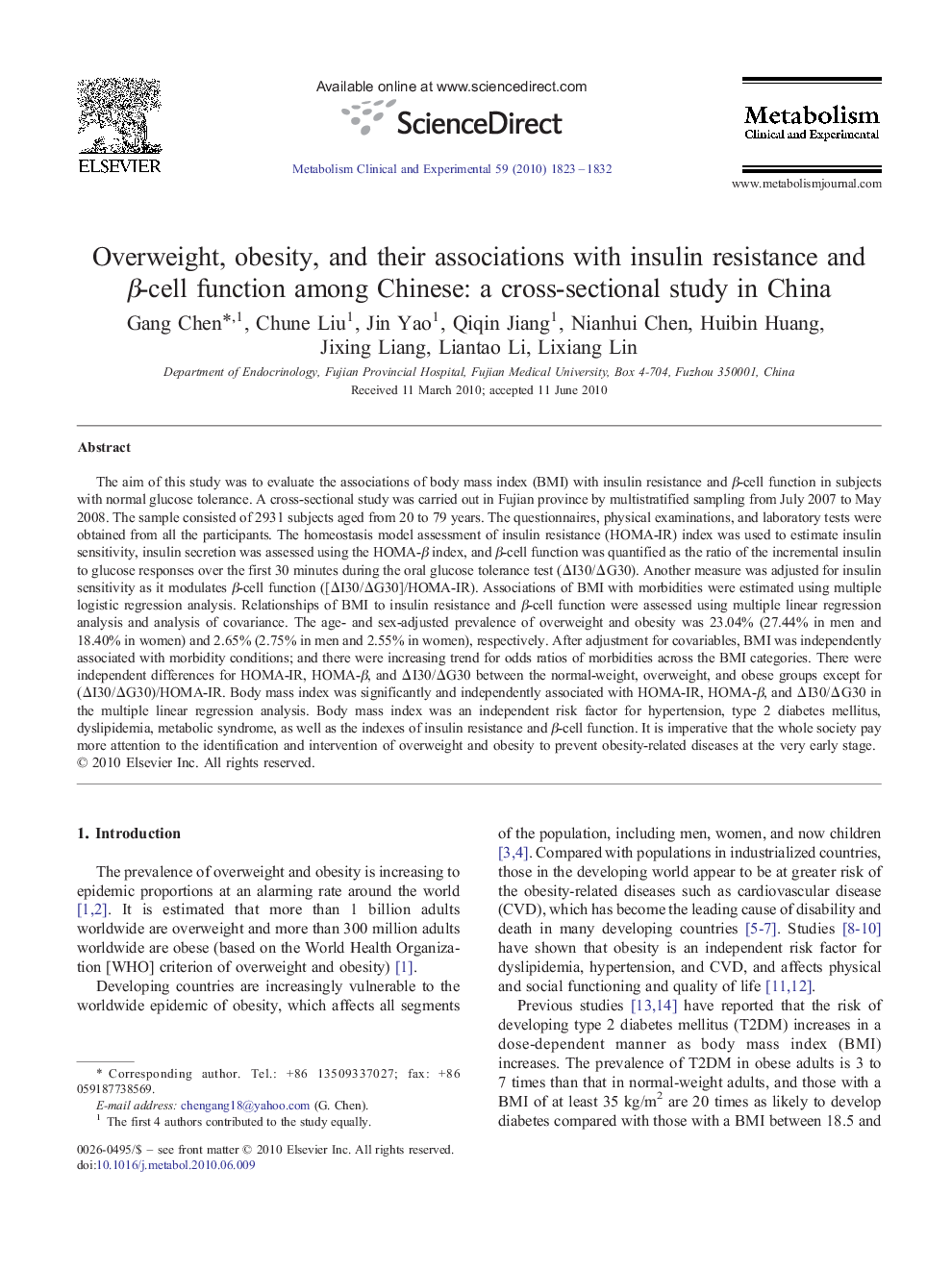 Overweight, obesity, and their associations with insulin resistance and β-cell function among Chinese: a cross-sectional study in China