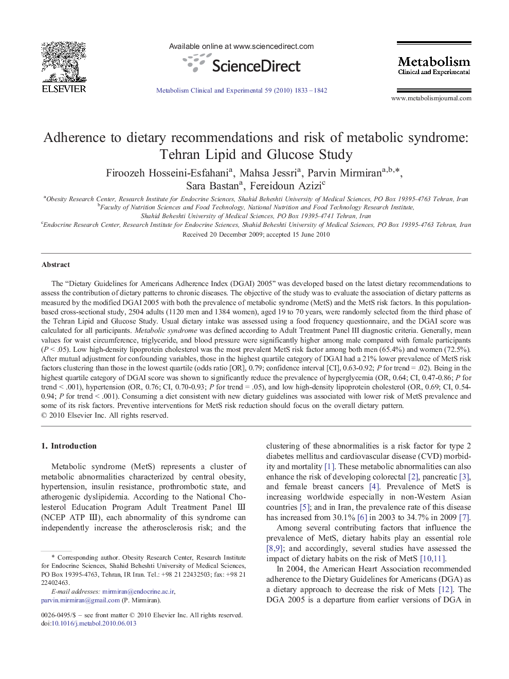 عکس صفحه اول مقاله: Adherence to dietary recommendations and risk of metabolic syndrome: Tehran Lipid and Glucose Study Adherence to dietary recommendations and risk of metabolic syndrome: Tehran Lipid and Glucose Study