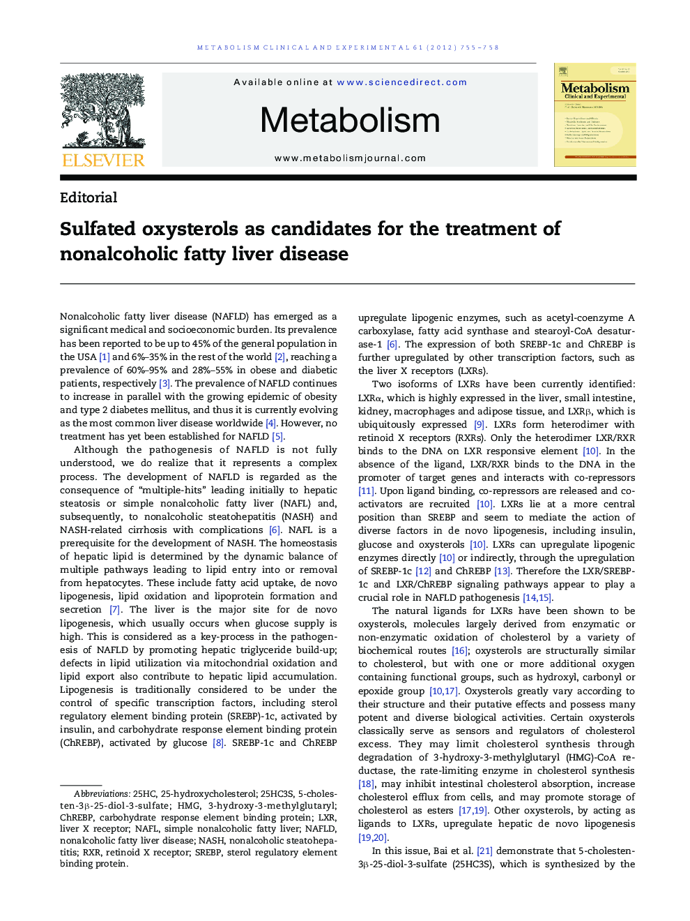 Sulfated oxysterols as candidates for the treatment of nonalcoholic fatty liver disease